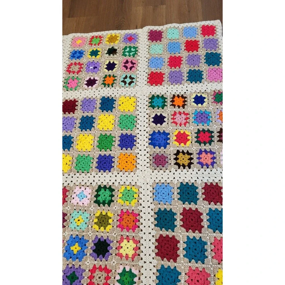 Handmade Crochet Granny Square Afghan Throw Blanket Multicolor 45x47 Cottage
